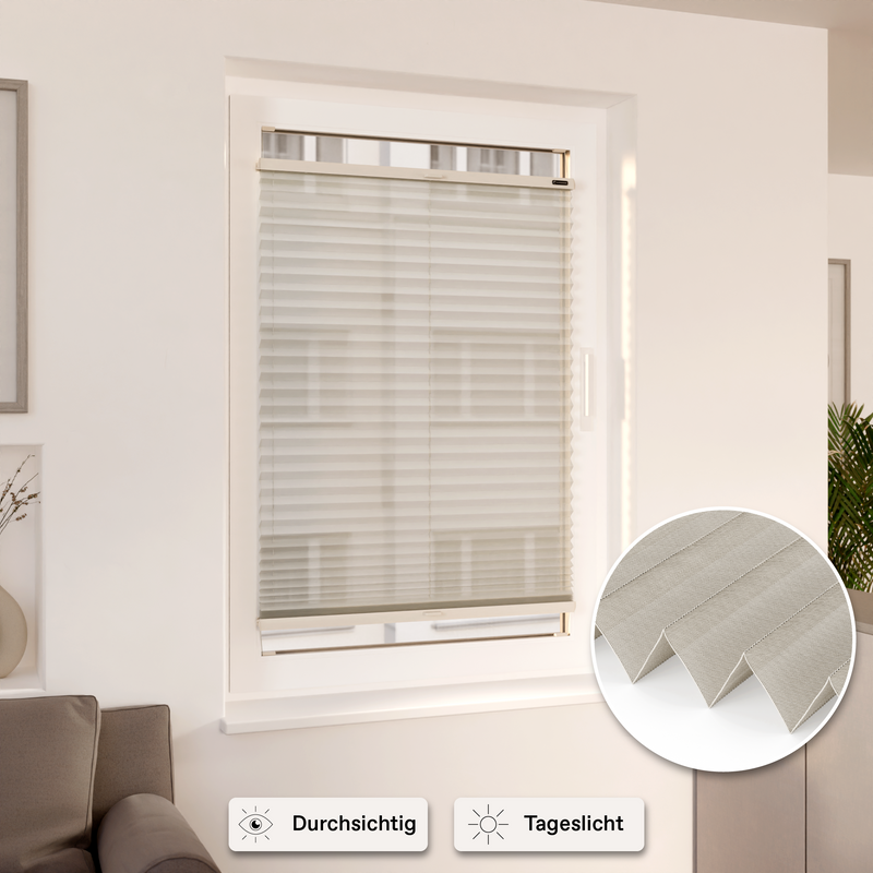 Plissee Beige an Fenster montiert mit Icons Durchsicht und Tageslicht
